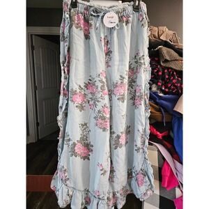 Easel Womens Floral Wide Leg Ruffle Pants Light Blue Pink EB57056 Large NWT